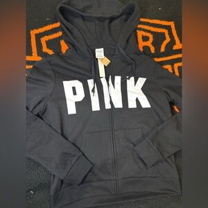 PINK Victoria's Secret Black Zip-Up Hoodie with White Logo